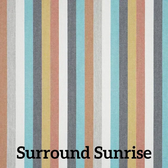 Vertical striped fabric with colors: peach, white, teal, grey, yellow. Text: Surround Sunrise.
