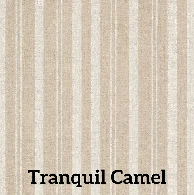 Tan and off-white striped fabric sample labeled