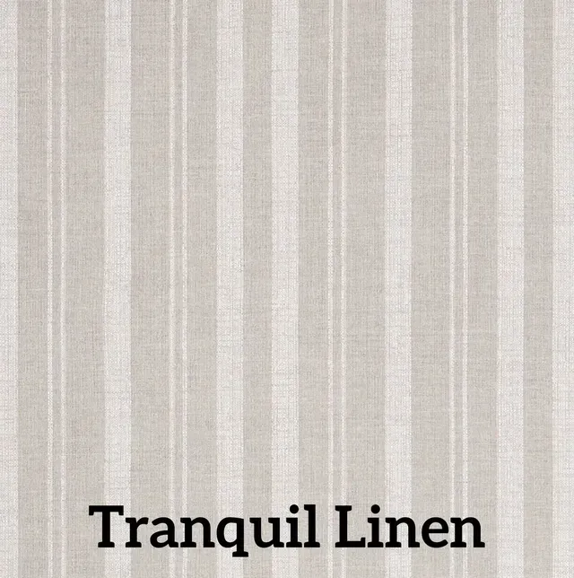 Vertical striped fabric in a light tan and off-white color, labeled