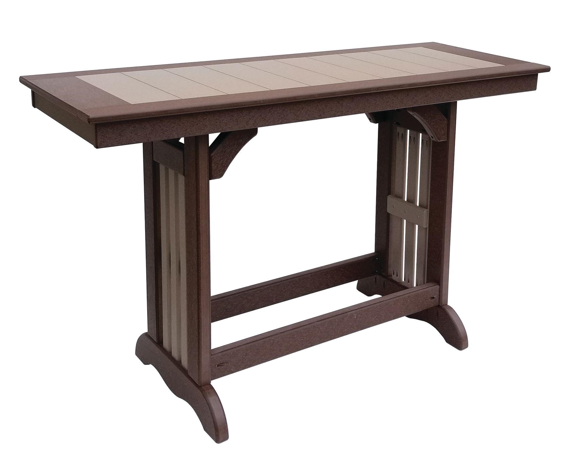 Brown and tan outdoor bar table with a slatted top and supports.