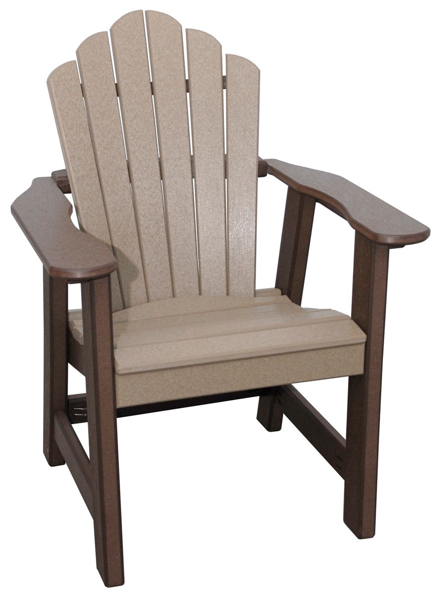 Tan and brown Adirondack chair with vertical back slats and armrests.