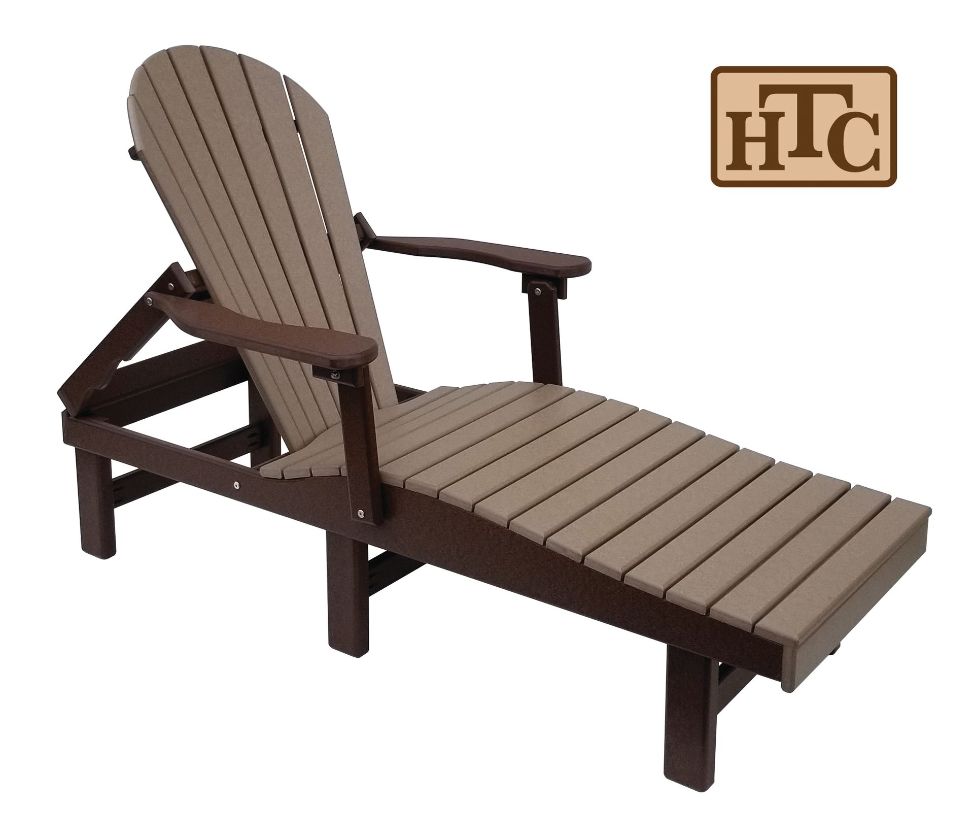 Brown and tan chaise lounge chair with reclined back and armrests.