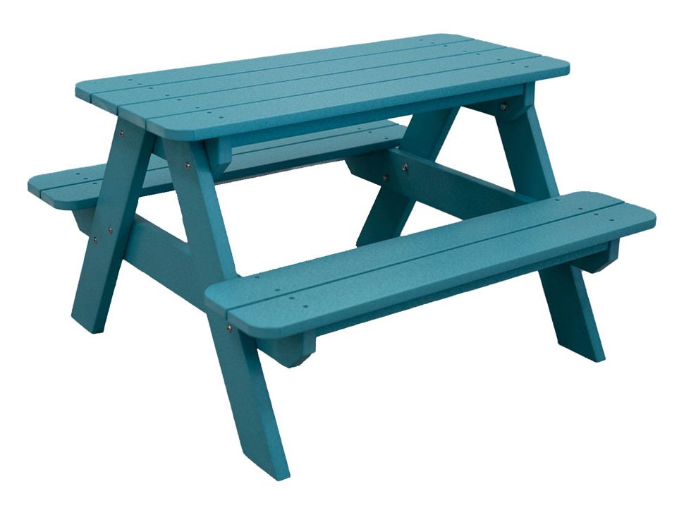Teal-colored children's picnic table with attached benches, outdoors.