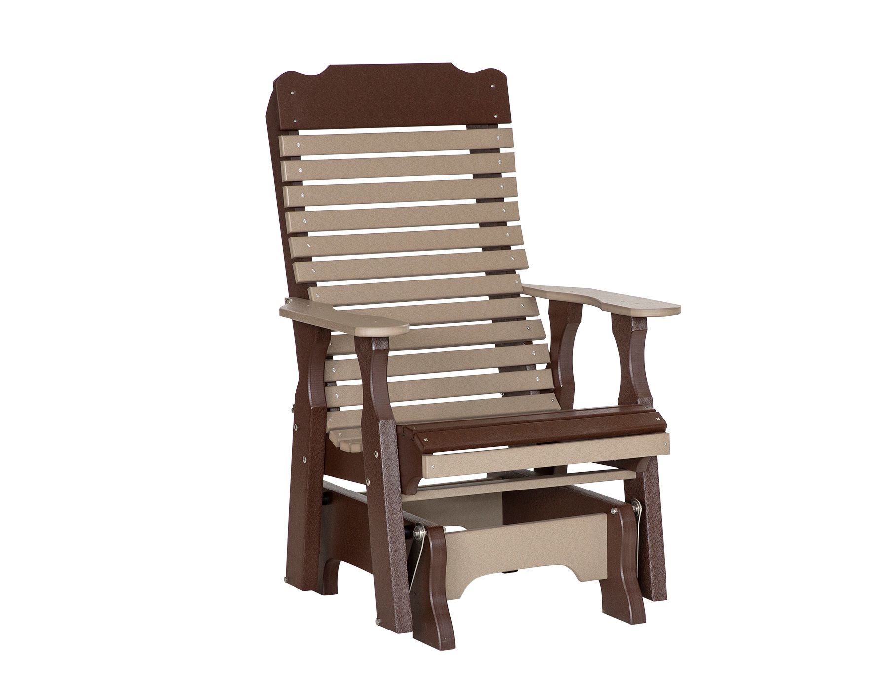 Brown and tan outdoor glider chair with slatted back and seat, armrests.