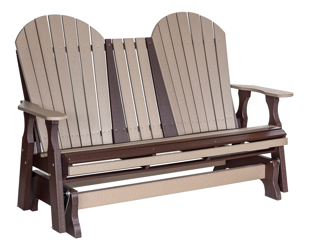 Double outdoor glider bench made of light and dark brown composite wood.