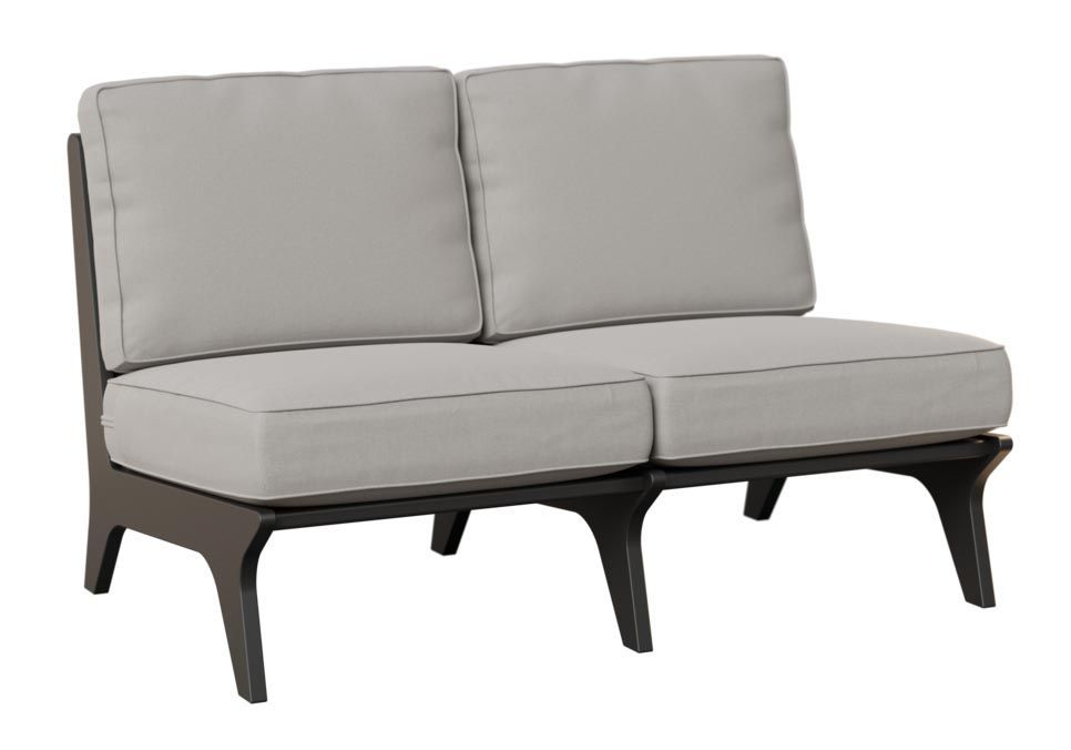 Two-seat outdoor sofa with gray cushions and dark brown frame.