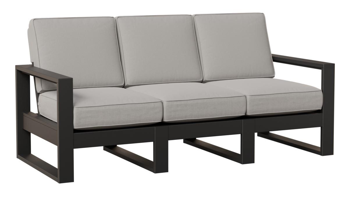 Outdoor three-seat sofa with gray cushions and a black frame.