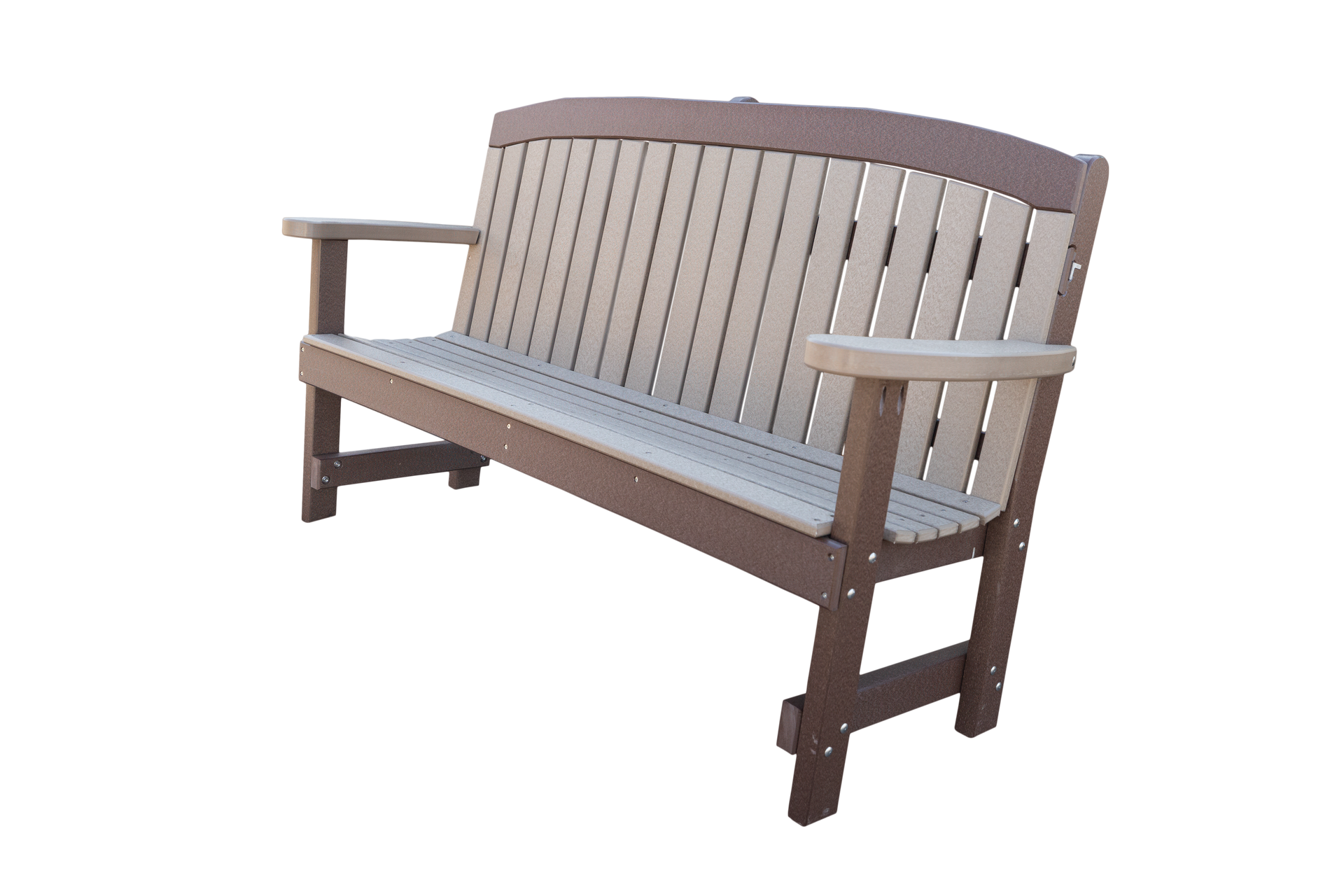 Brown and beige outdoor bench with slats and armrests.