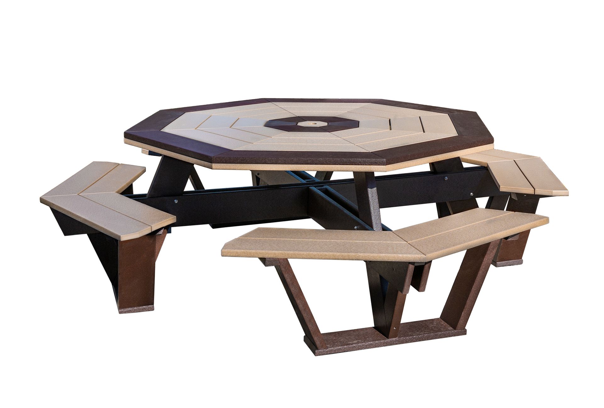 Octagonal picnic table with built-in benches, tan and brown color scheme.
