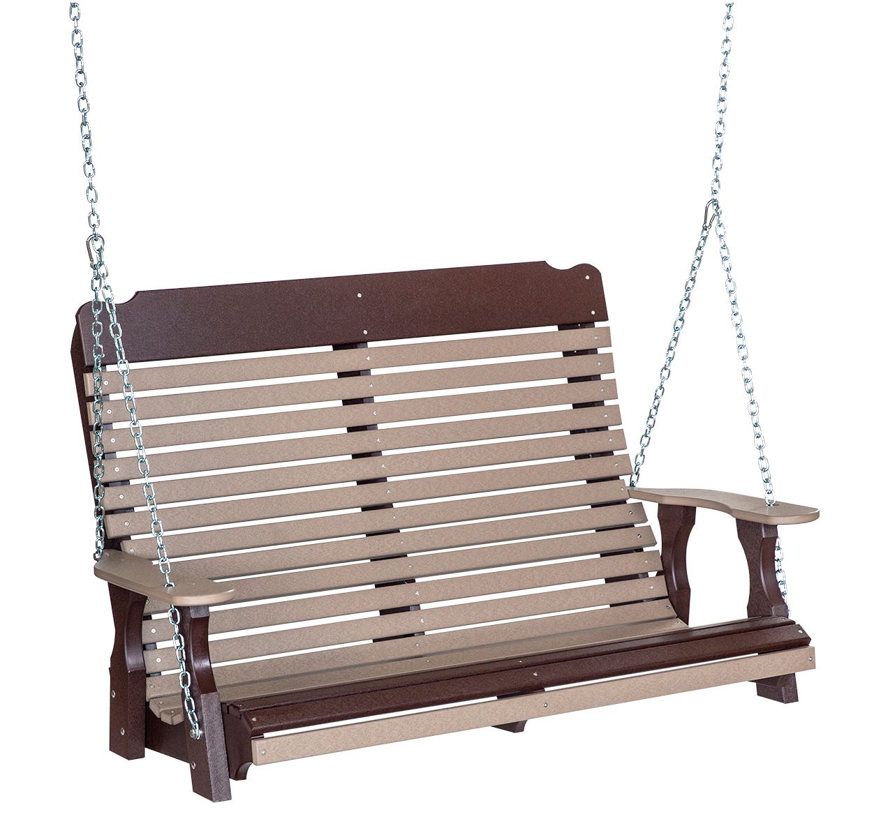 Two-tone brown and tan wooden swing hanging from silver chains.