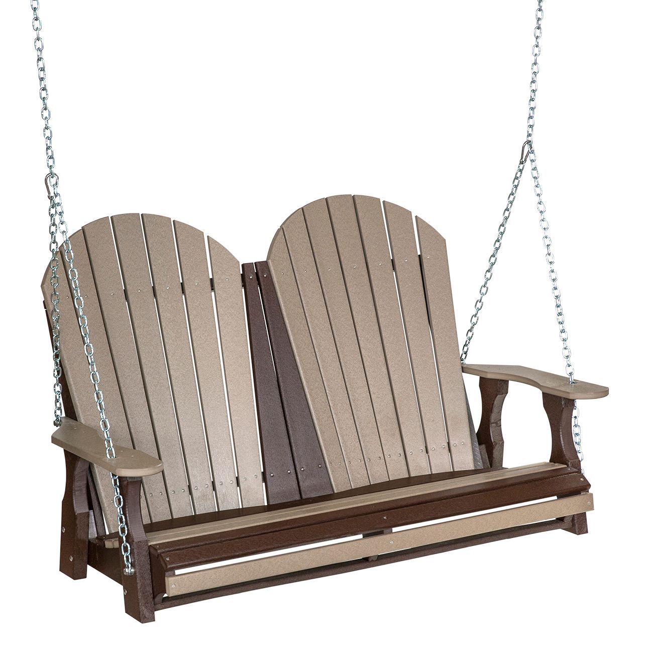 Two-person wooden swing with chain suspension, tan and brown color scheme, outdoor setting.