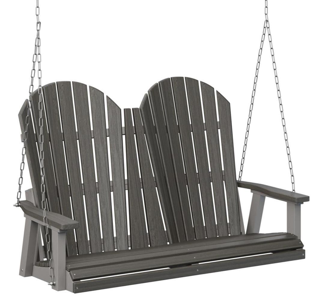 Gray porch swing hanging by chains.