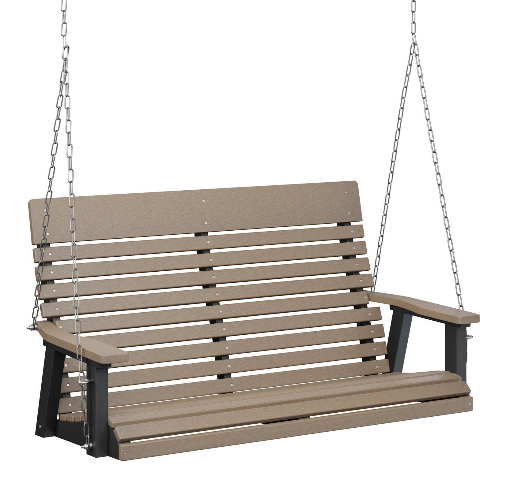 Tan and black outdoor swing hanging from chains.