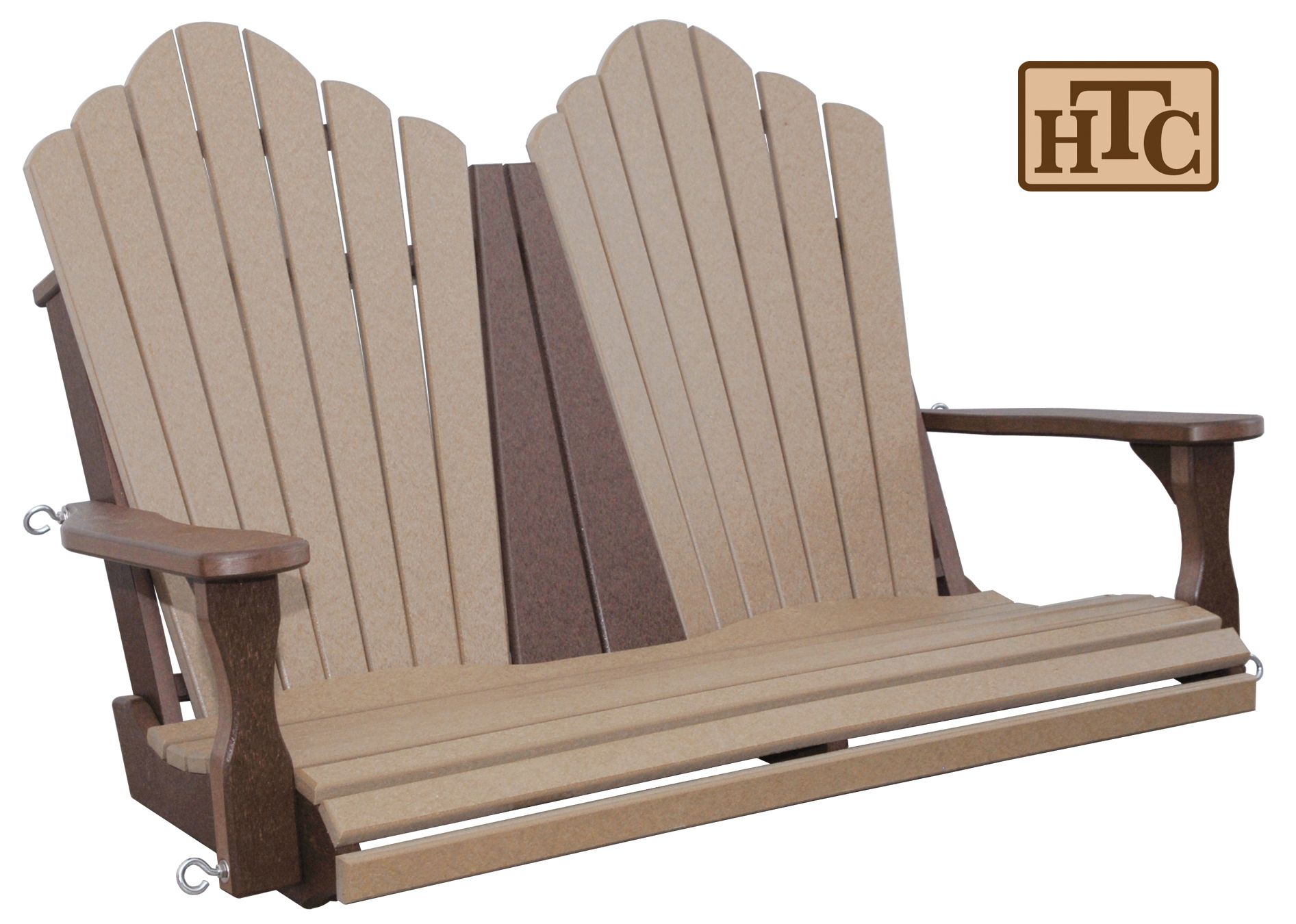 Two-person, tan and brown porch swing.