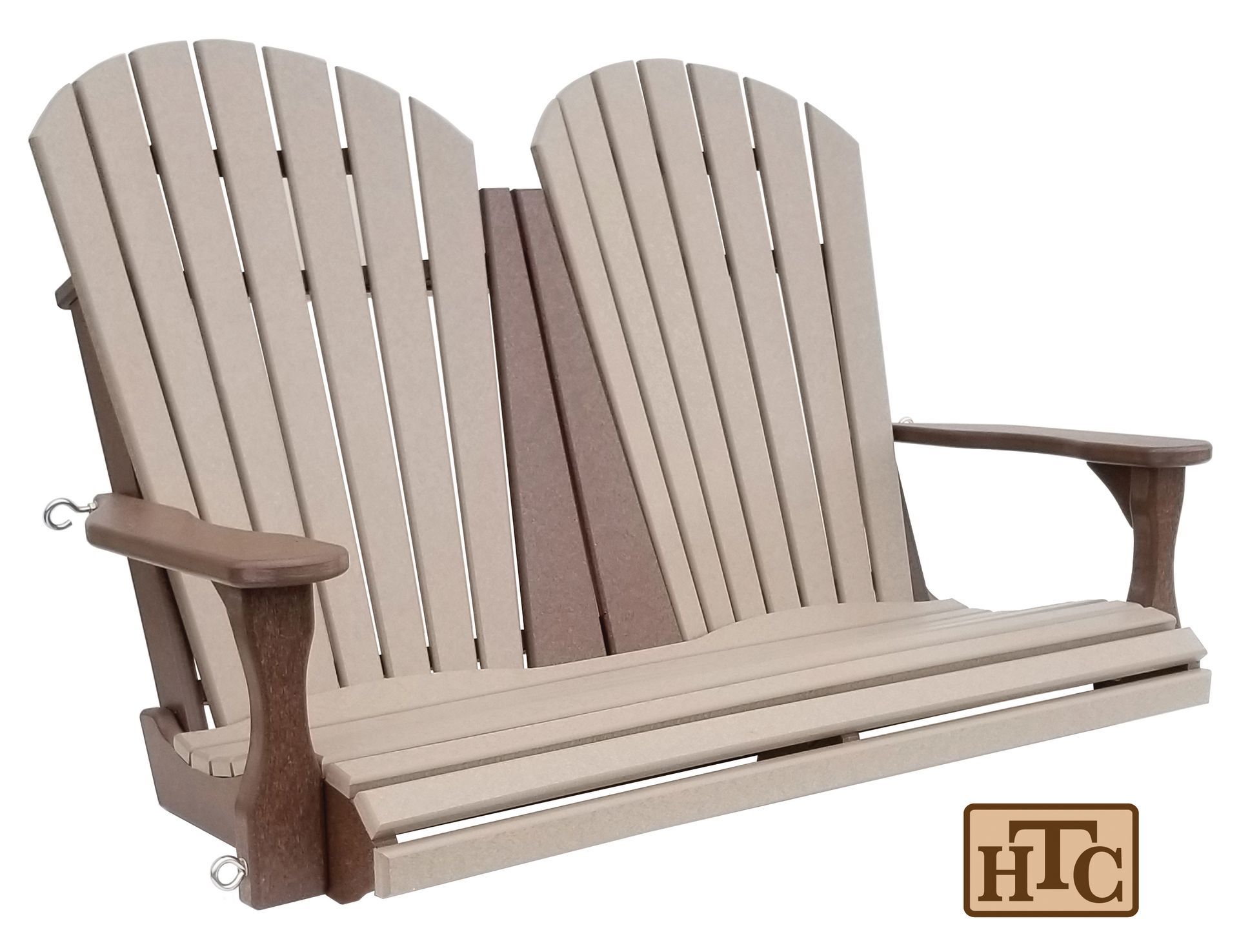Outdoor porch swing in beige and brown.