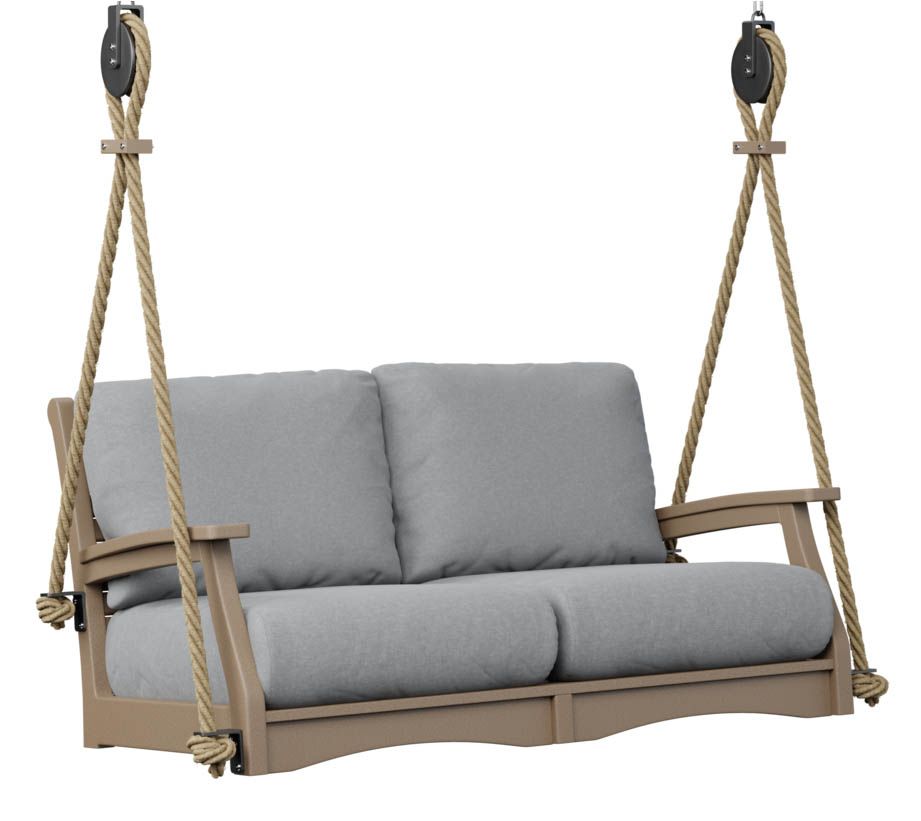 Two-person outdoor swing with gray cushions and beige frame, suspended by rope.
