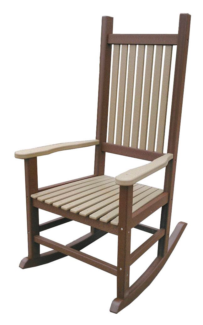 Brown and beige rocking chair, outdoor seating.