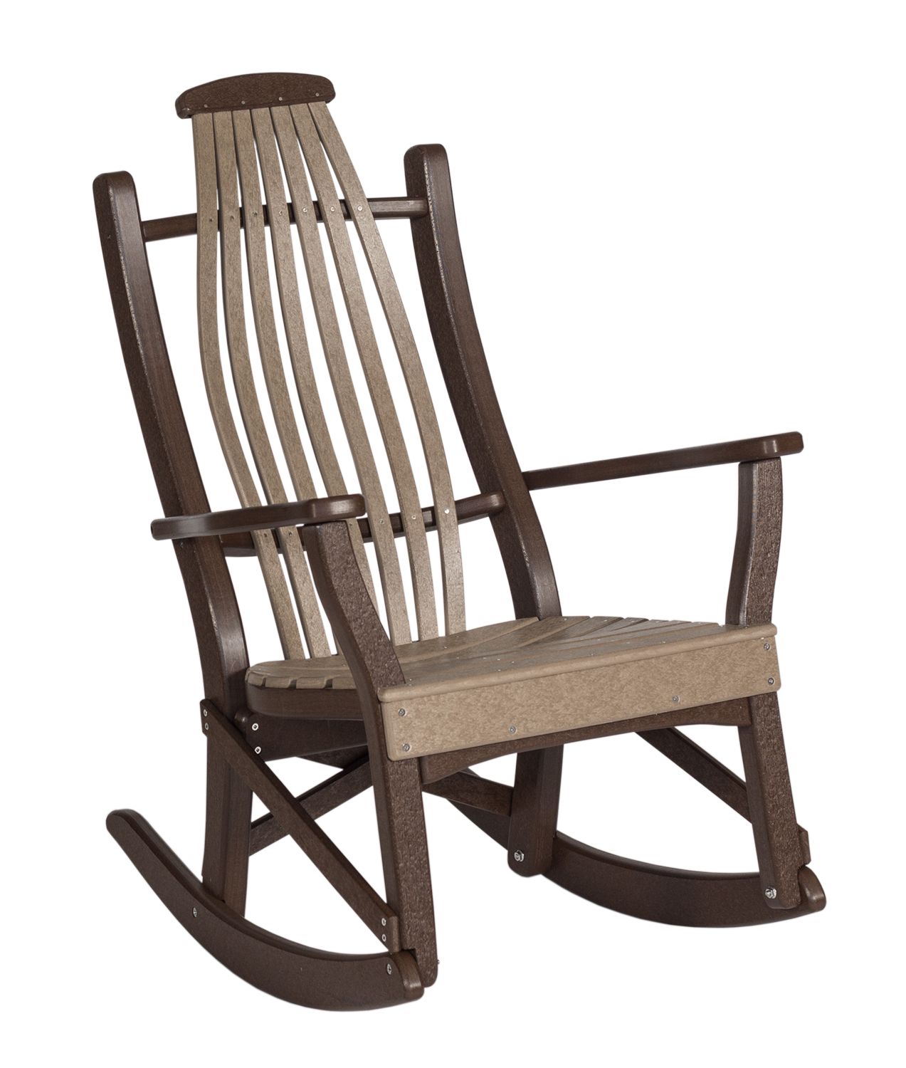 Brown and tan rocking chair with slatted back and seat.