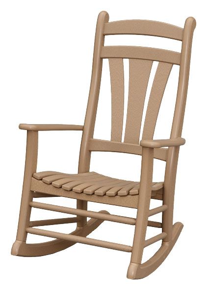 A light brown rocking chair placed against a white background.