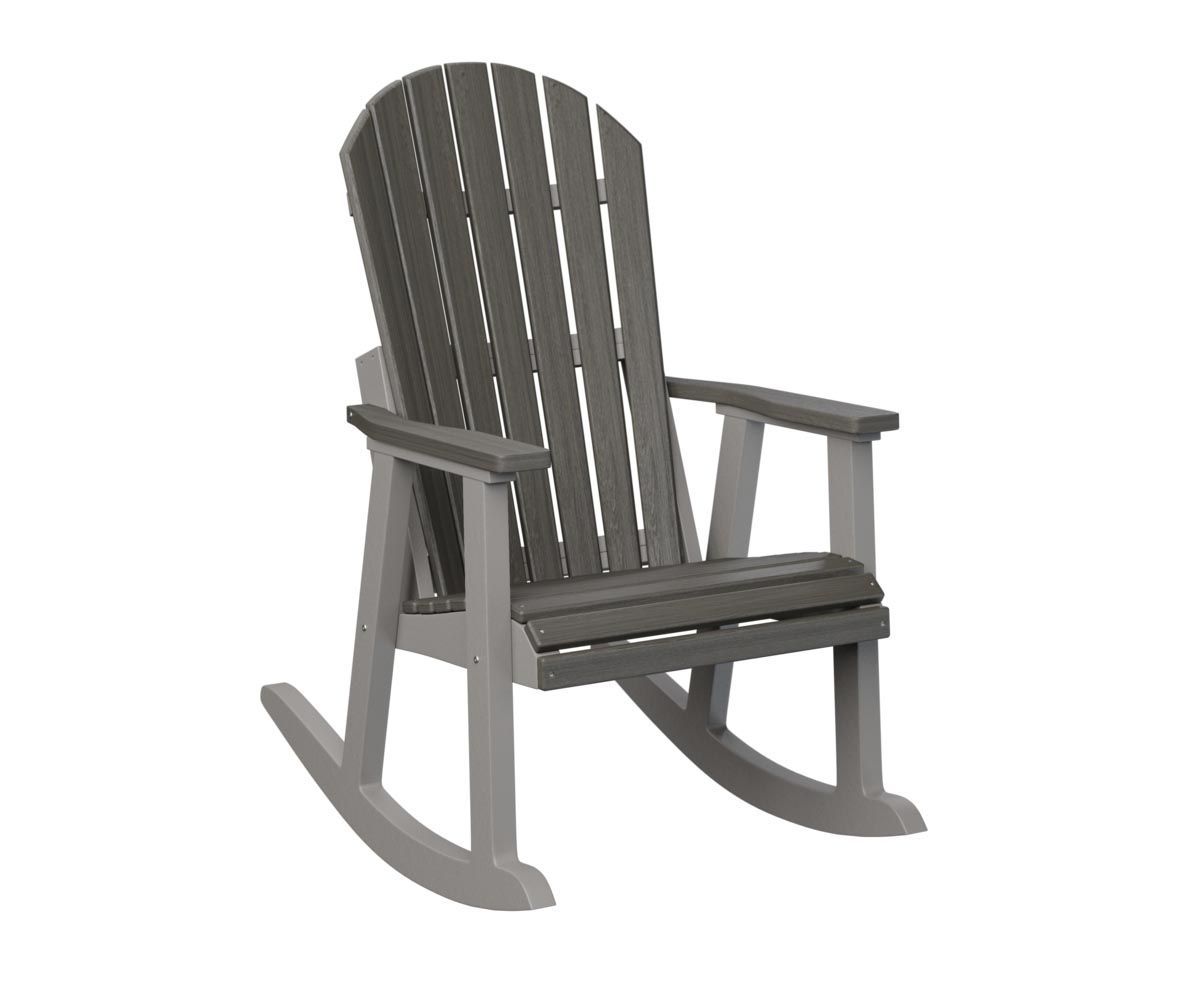 Gray and light gray Adirondack rocking chair.