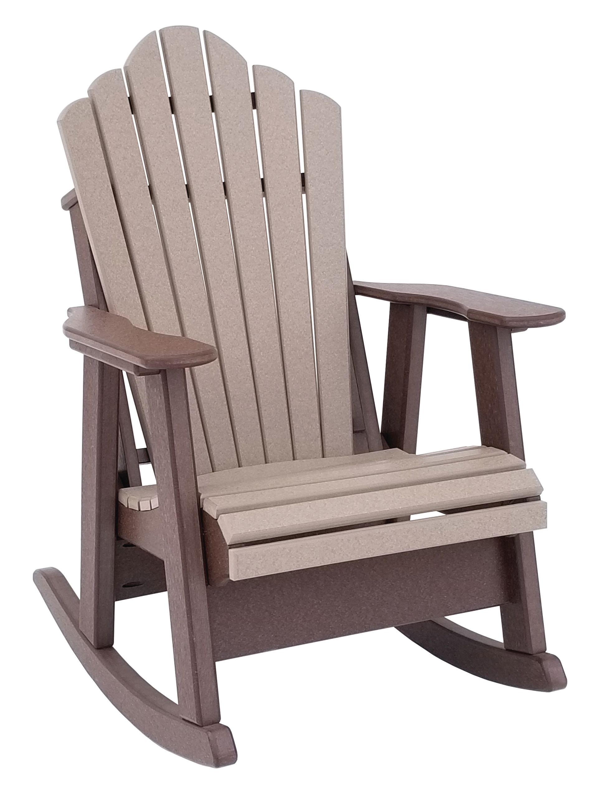Brown and beige Adirondack rocking chair.