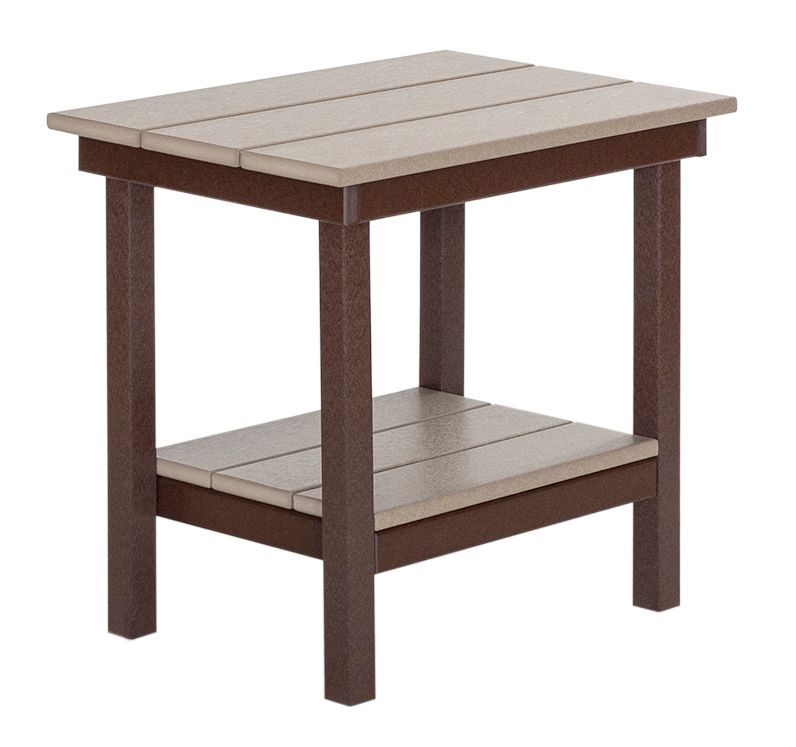 Brown and tan outdoor side table with a lower shelf.