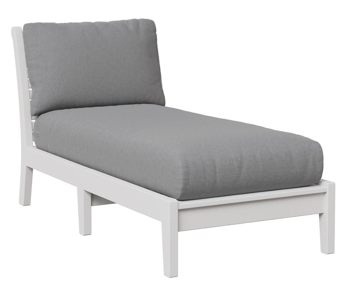 White terrace chaise lounge with gray cushions.