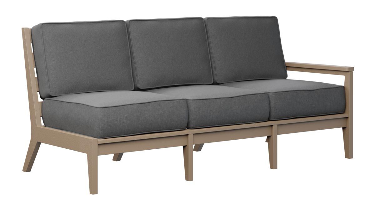Gray cushioned outdoor sofa with light brown frame.
