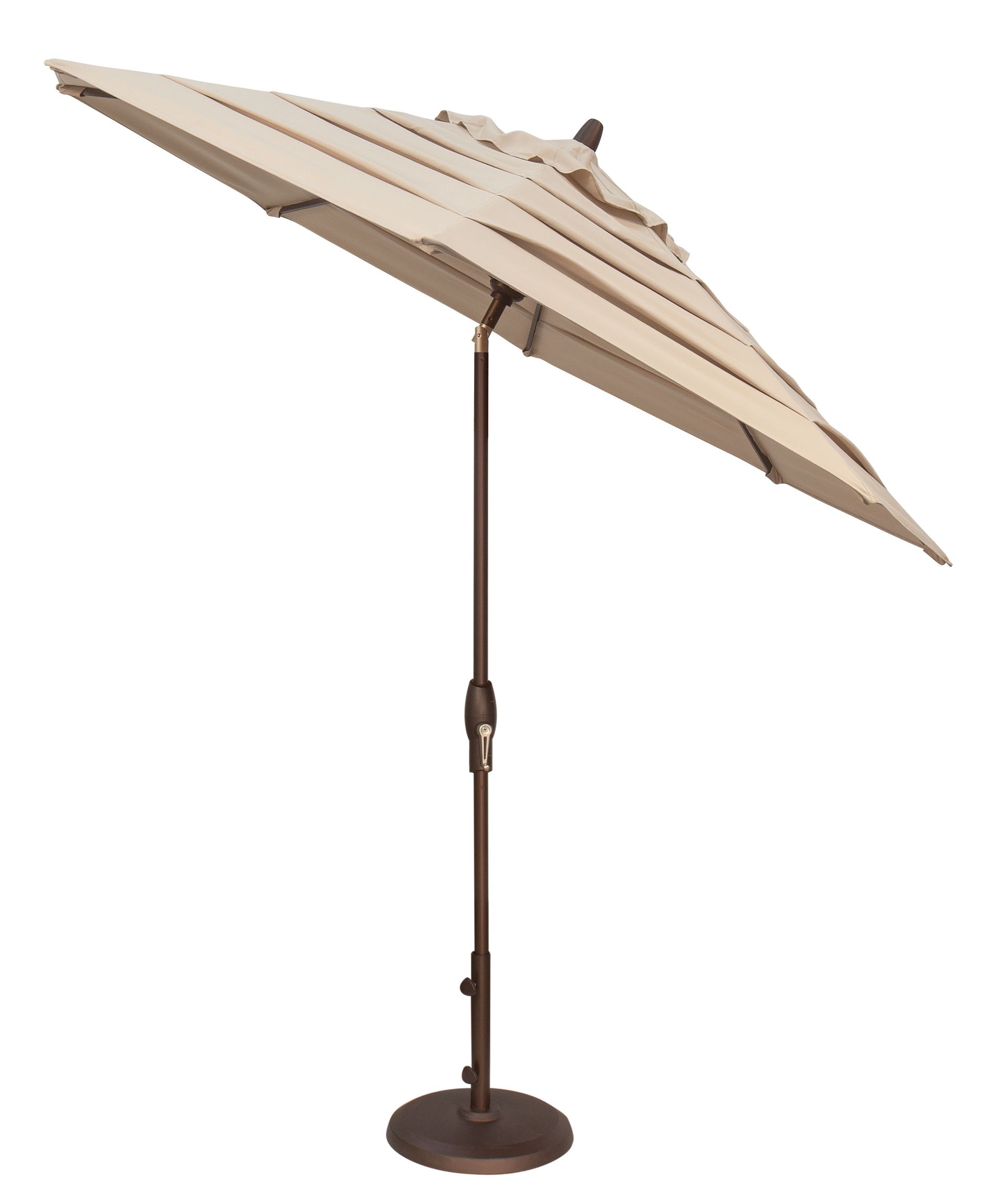 Beige patio umbrella angled to the side, set on a bronze base, on a white background.