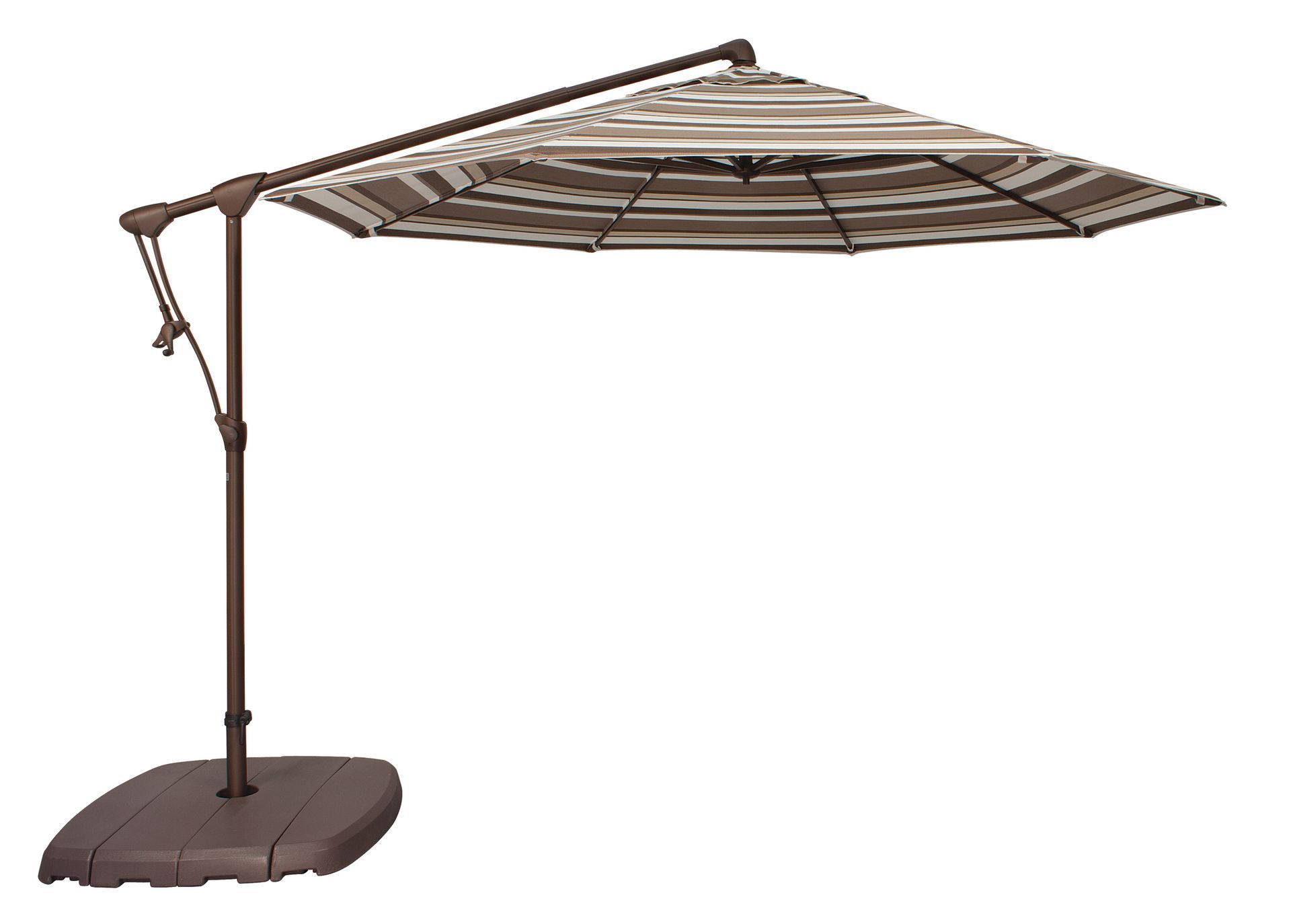Brown cantilever patio umbrella, striped shade, on a weighted base.