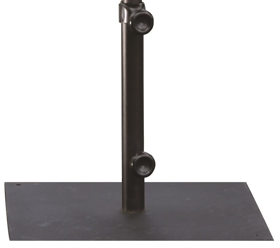 Black metal umbrella base with a vertical pole and two adjustable knobs.