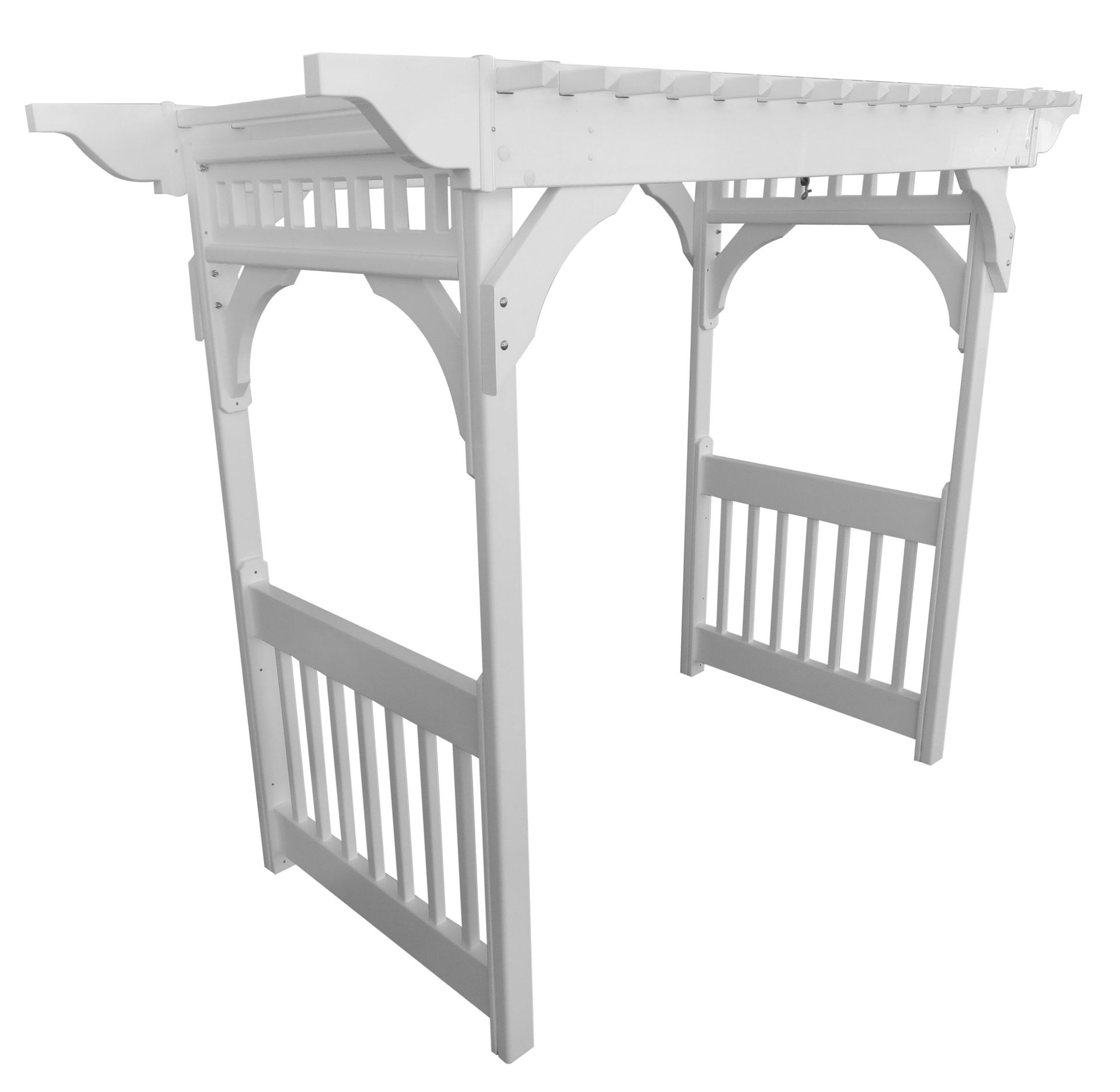 White arched garden arbor with latticework and slatted sides.