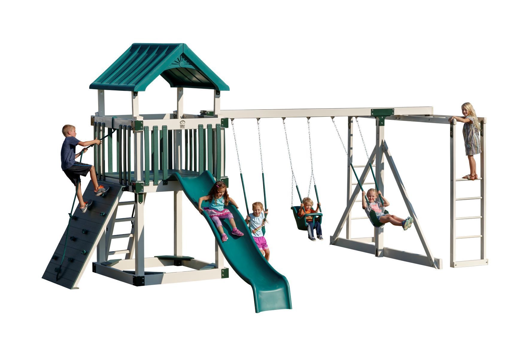 Playground with slide, swings, climbing wall; children playing.