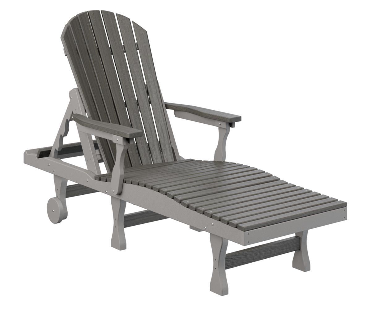 Gray and light gray outdoor chaise lounge with wheels.