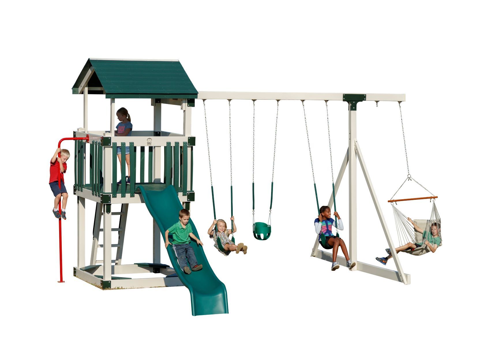 Children playing on a green and white playset with a tower, slide, and swings.