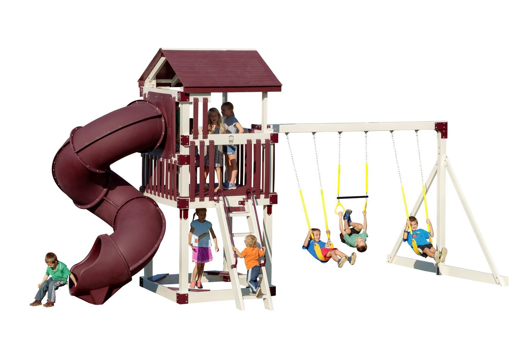 Playground with kids using a slide, swings, and a climbing structure.
