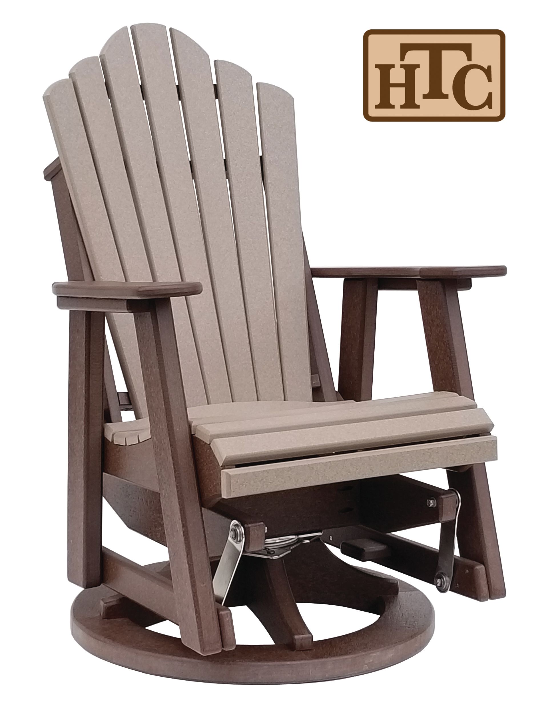 Brown and tan outdoor glider chair with curved back, on a brown base, HTC logo.