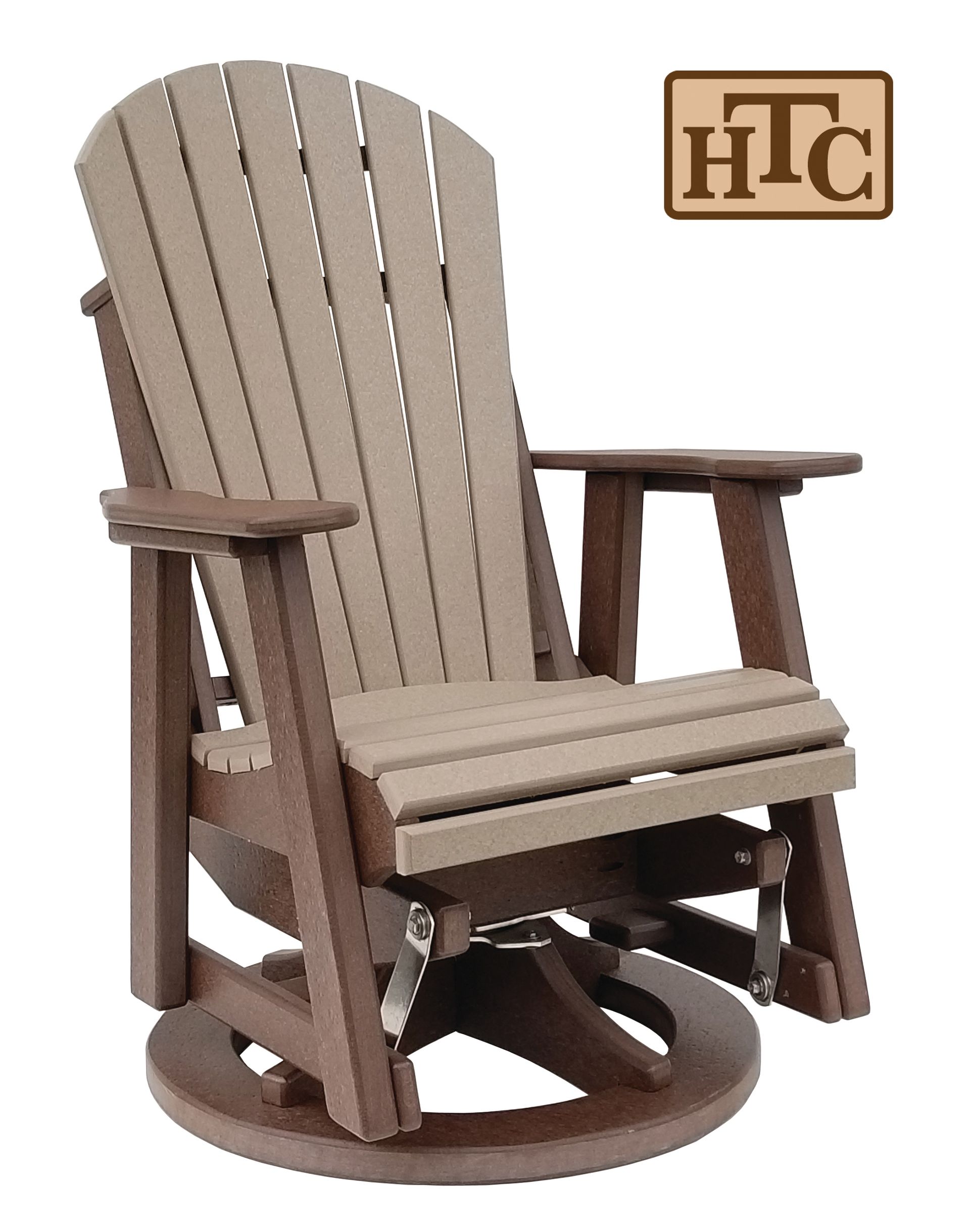 Tan and brown poly lumber gliding Adirondack chair with HTC logo.