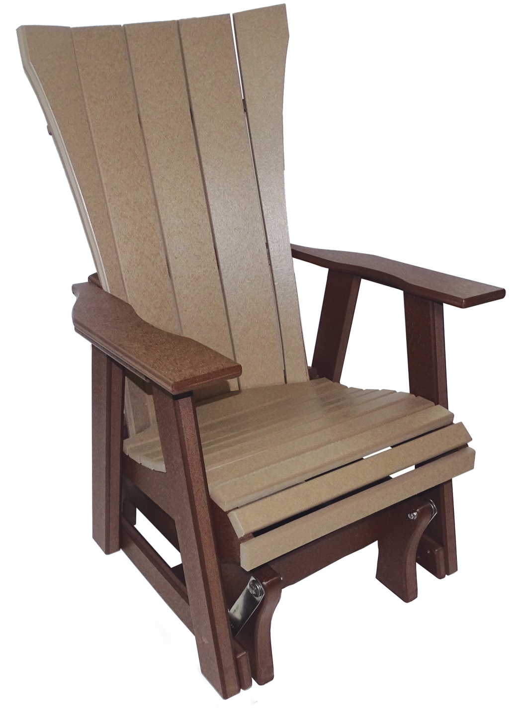 Brown and beige Adirondack-style glider chair with wide slats and armrests.
