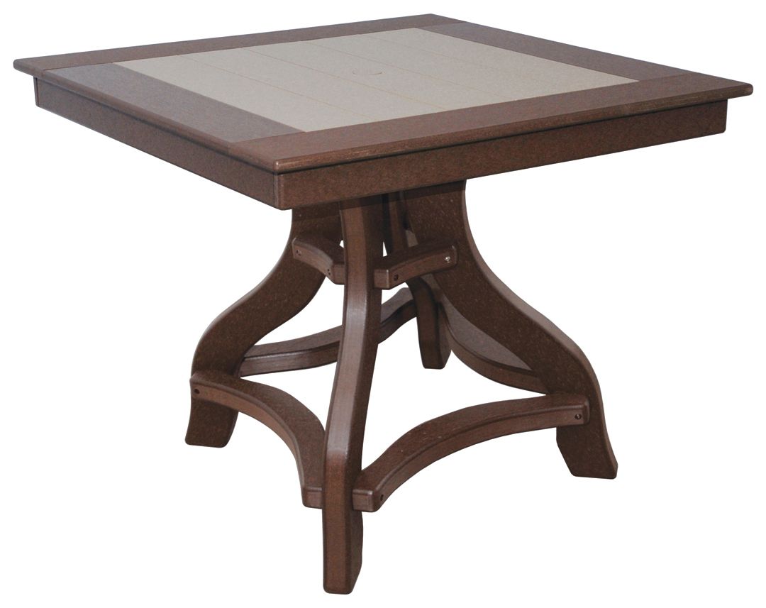 Square wooden table with a brown frame and light-colored top, featuring a curved base.
