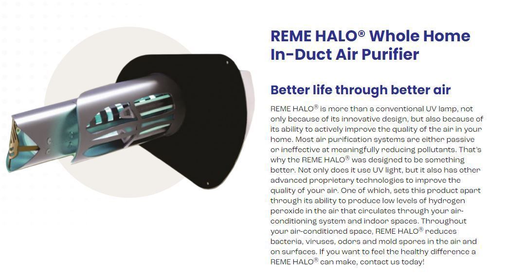 REME HALO in-duct air purifier installation. Silver device, black backing, text promoting better air quality.