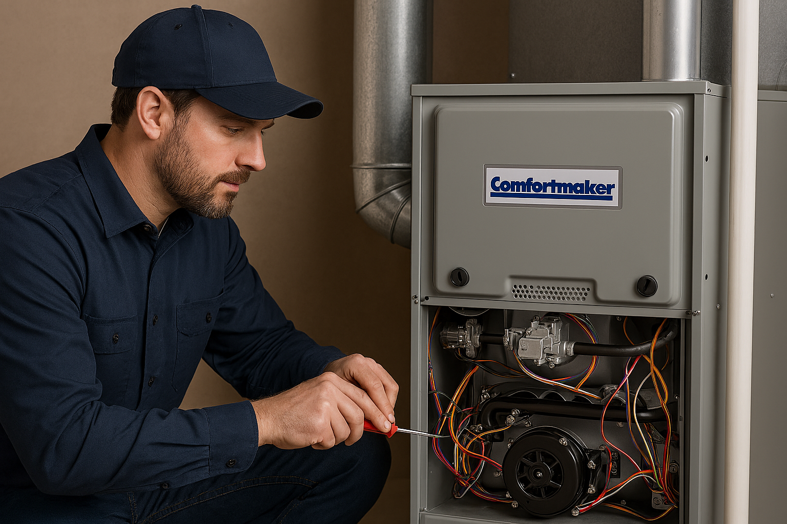 A technician in a navy shirt and cap uses a screwdriver to repair the electrical wiring of a gray residential furnace.