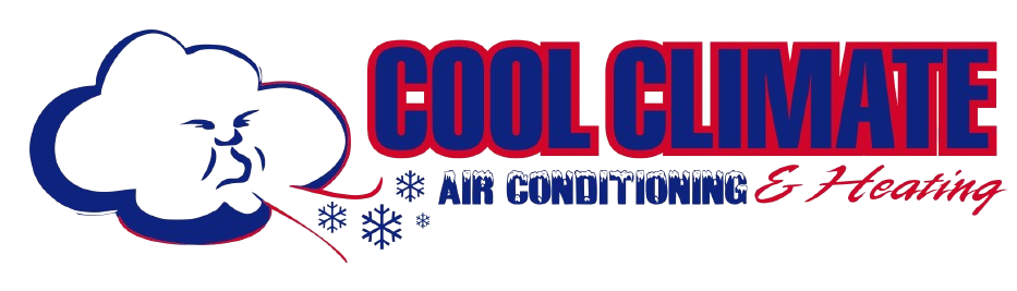 Logo for "Cool Climate" air conditioning and heating services. A cloud face exhales snowflakes near text.