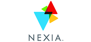 Logo of Nexia, featuring overlapping colorful triangles above the word 