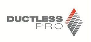 Logo of Ductless Pro, text with a diamond-shaped design, red and gray.