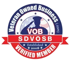 Logo for a veteran-owned, service-disabled small business. Features a saluting silhouette in front of the American flag.