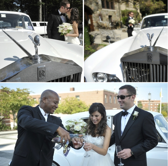 Newlyweds with champagne, next to a white Rolls Royce. Celebratory moment with a smiling chauffeur.