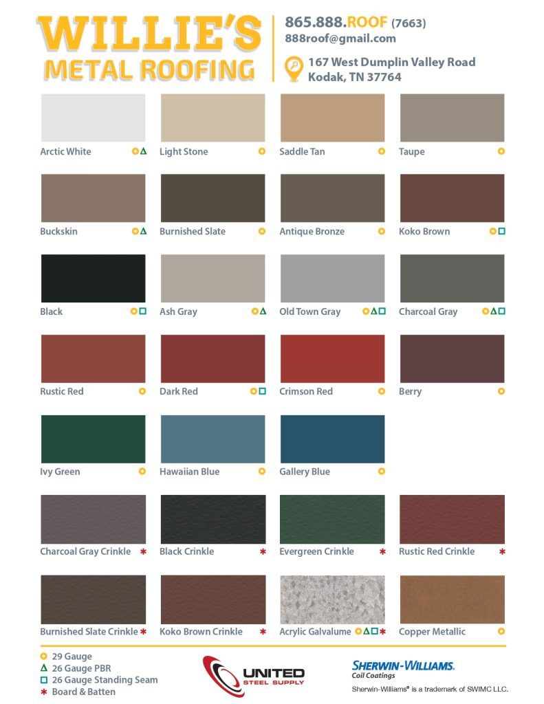 A brochure for willie 's metal roofing shows a variety of colors.