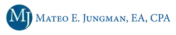 Logo for Mateo E. Jungman, EA, CPA, with blue circular &ldquo;MJ&rdquo; icon and blue text
