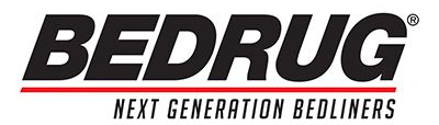 Logo for Bedrug, with black text, a red line, and the text